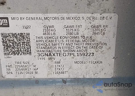 2023 Chevrolet Equinox Awd 2Fl from USA, damaged, VIN 3GNAXTEG7PL159223